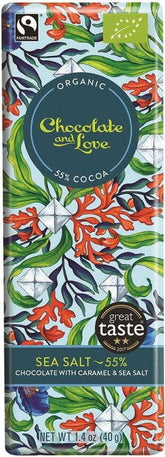 Batang cokelat gelap Swiss dengan potongan karamel dan garam laut perdagangan adil BIO 40 g - CHOCOLATE AND LOVE